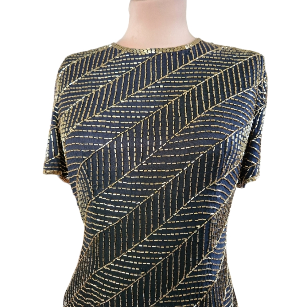 A.J. BARI Vintage 1980s Silk Beaded Sheath Dress - Size 10 - Picture 7 of 14